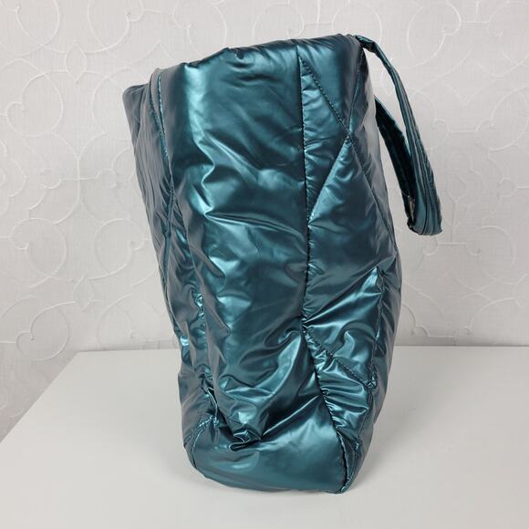 Victorias Secret Womens Tote Bag Large Green Metallic Quilted Puffer 14" NEW - Picture 6 of 16